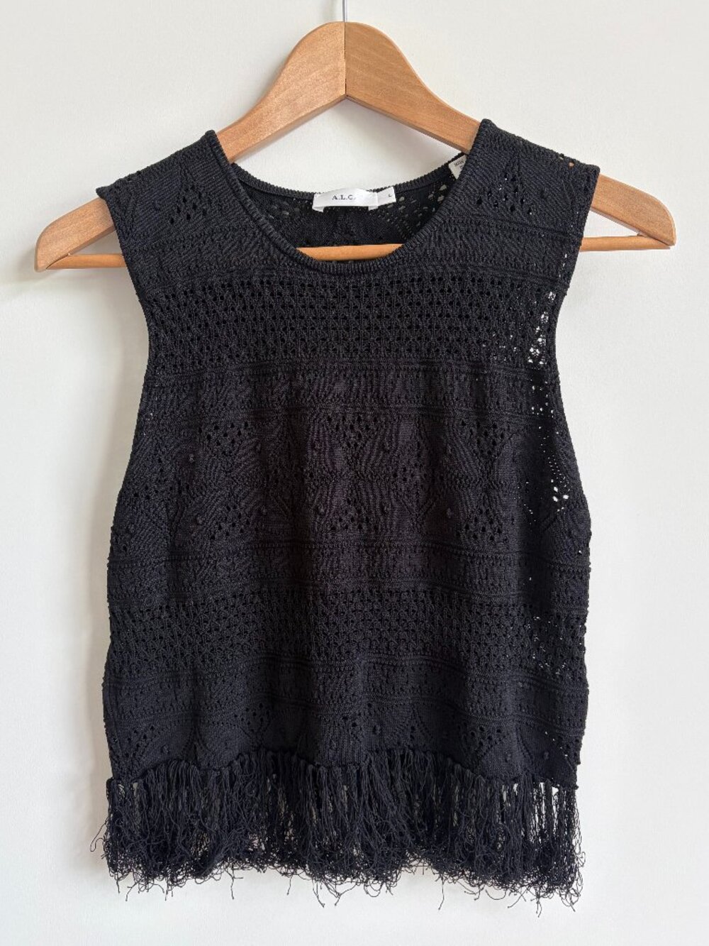A.L.C. black pointelle knit stretch sleeveless sweater tank top fringe Large